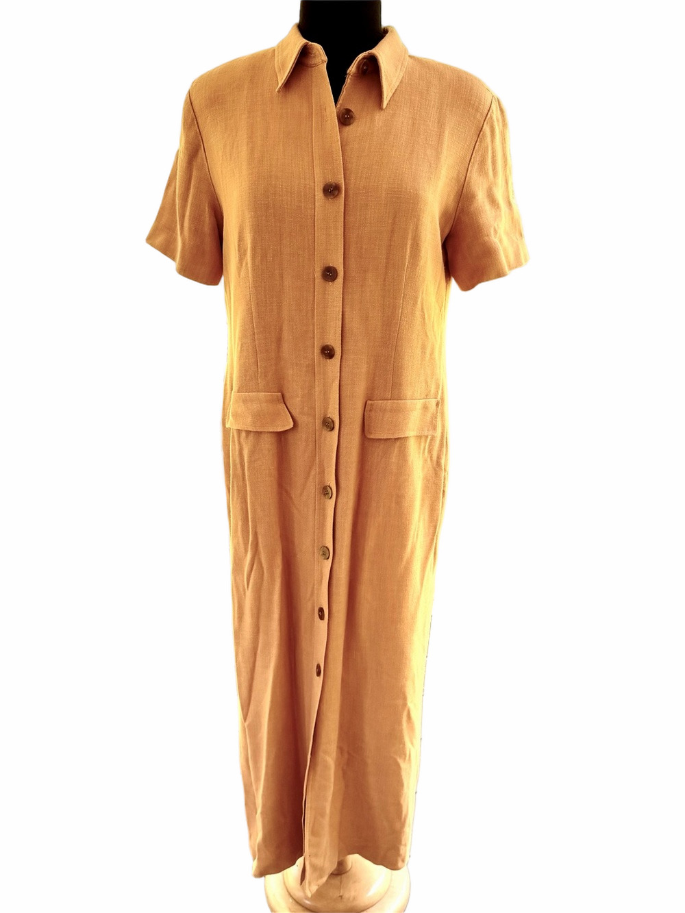 Spenser Jeremy Vintage Linen Ochre Maxi Dress Size 14* Lined Short Sleeve